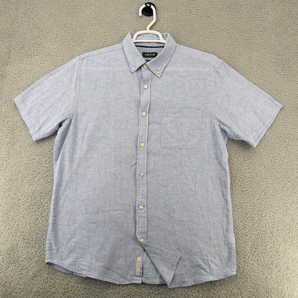 Orvis Shirt Mens Large Blue Linen Blend Classic Fit Short Sleeve Button Front